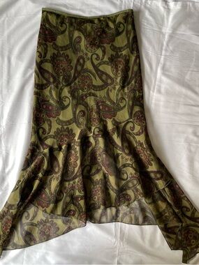 vintage Olive Paisley Flared Hem Women's Skirt